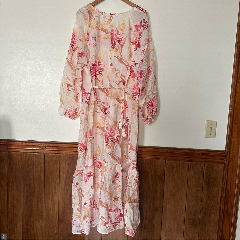 H&M Tie-Belt Crepe Floral Maxi Dress Size XL Balloon Sleeves Beach Coastal Vacay - Picture 3 of 14